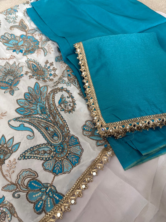 Patchwork Flower Unstitched Suit - Blue