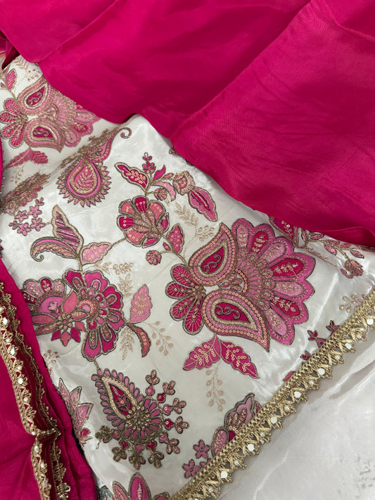 Patchwork Flower Unstitched Suit - Pink