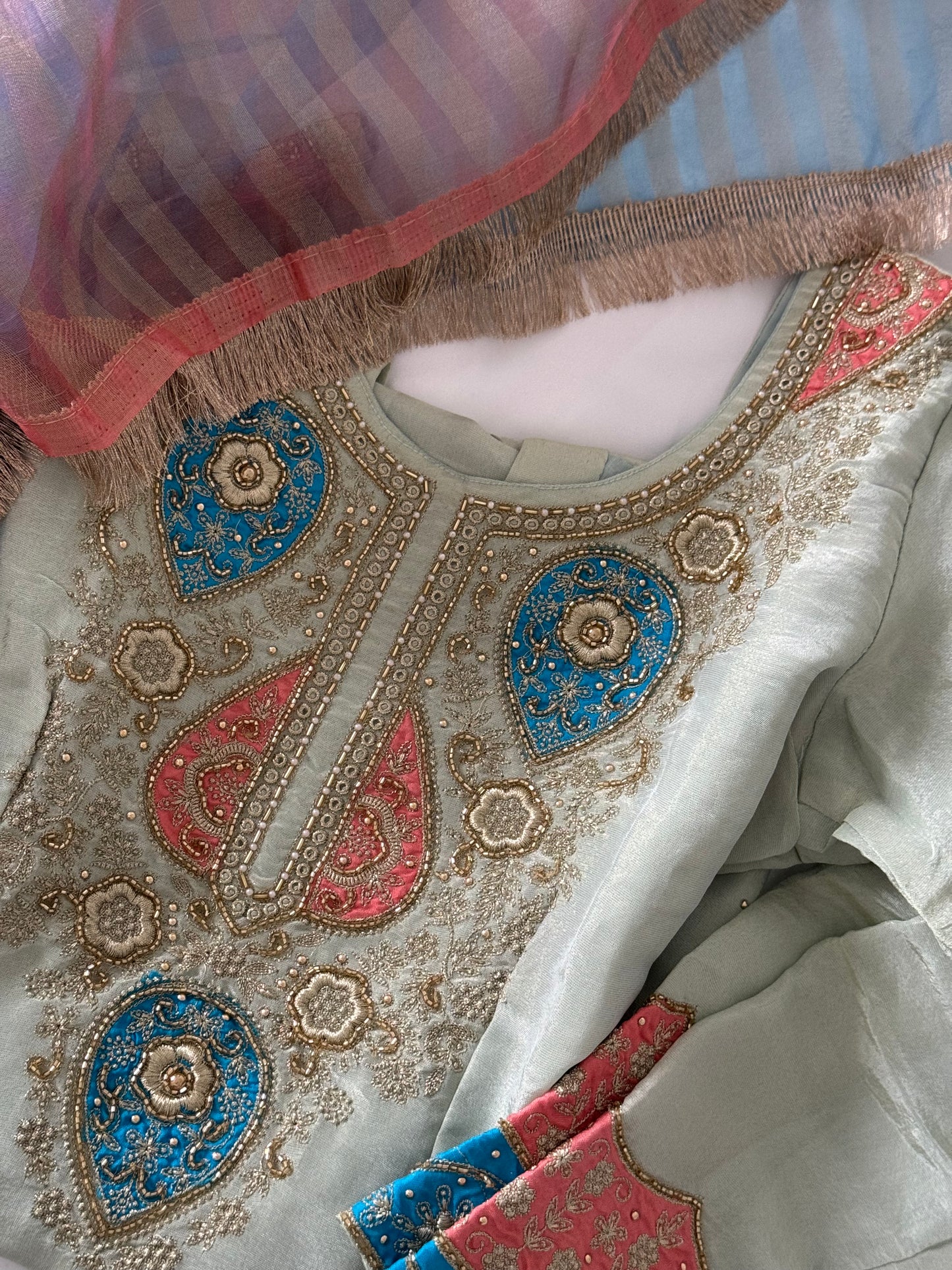 Blue Embroidered Pent Suit with Multicoloured Dupatta