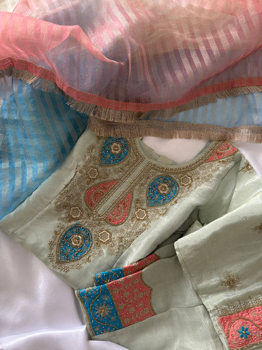Blue Embroidered Pent Suit with Multicoloured Dupatta