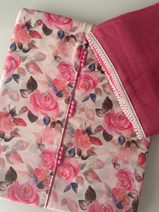 Masleen Cotton Unstitched Suit - Baby Pink Floral