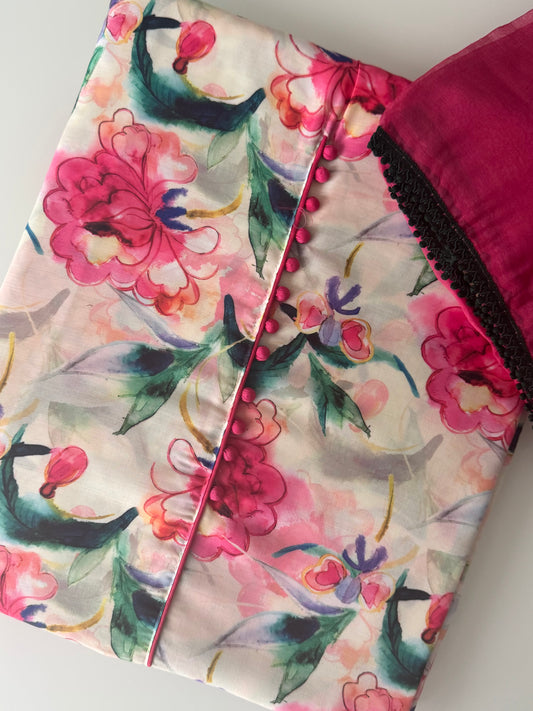 Masleen Cotton Unstitched Suit - Dark Pink Floral