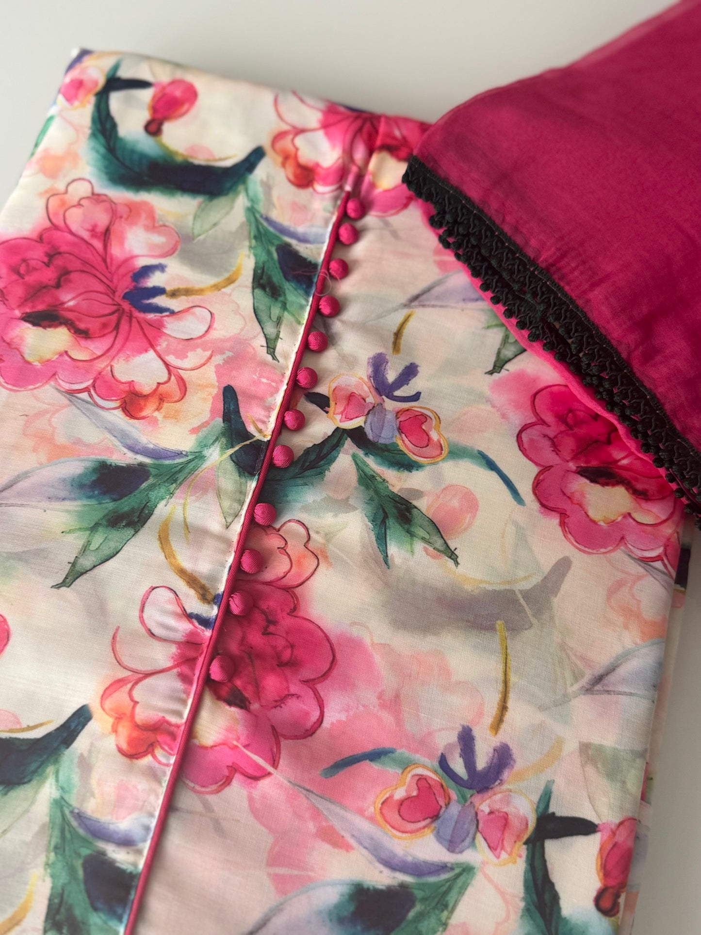 Masleen Cotton Unstitched Suit - Dark Pink Floral