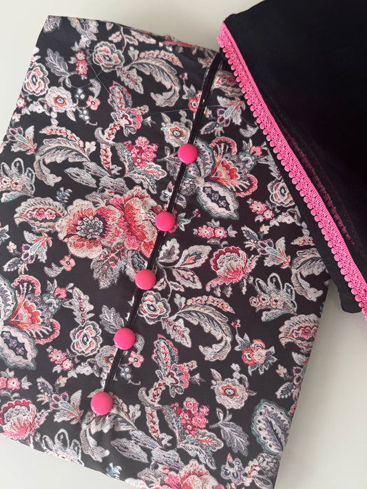 Masleen Cotton Unstitched Suit - Black and Pink Floral