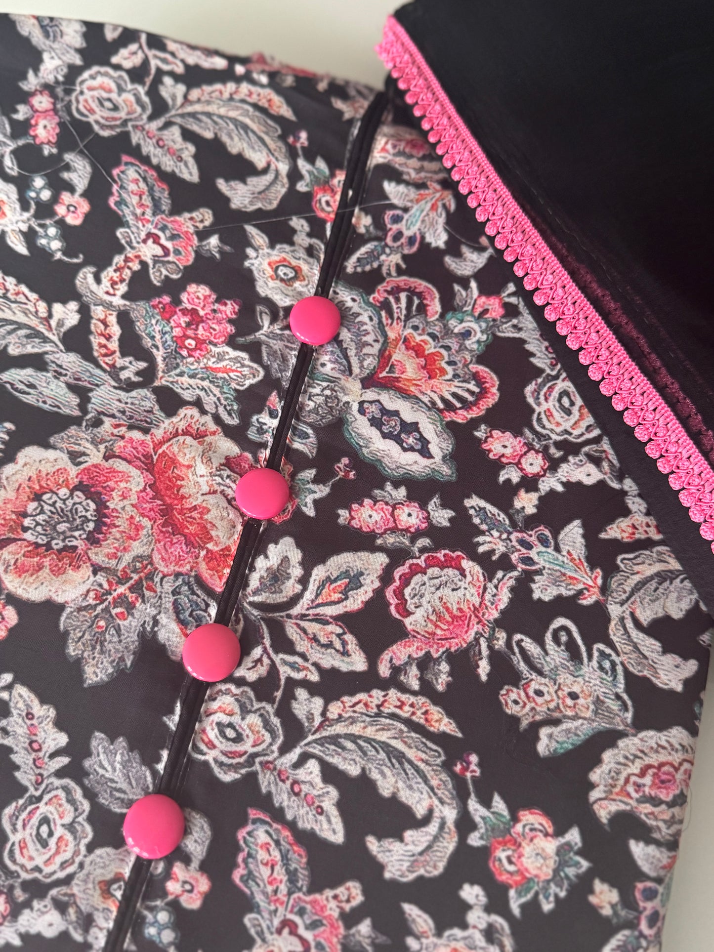 Masleen Cotton Unstitched Suit - Black and Pink Floral