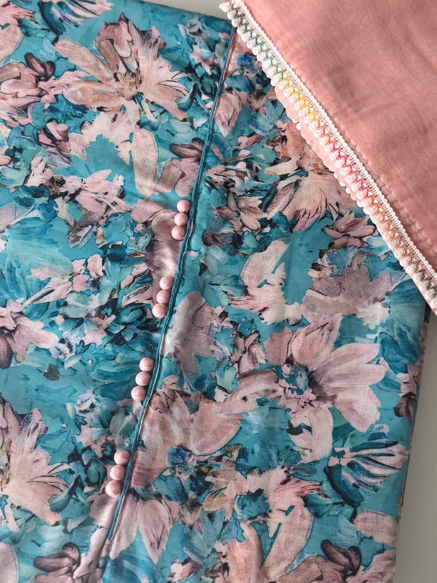 Masleen Cotton Unstitched Suit - Blue and Baby Pink