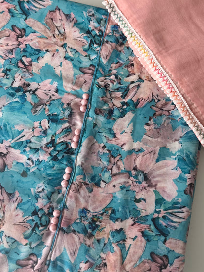 Masleen Cotton Unstitched Suit - Blue and Baby Pink