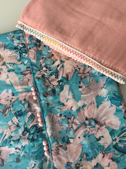 Masleen Cotton Unstitched Suit - Blue and Baby Pink