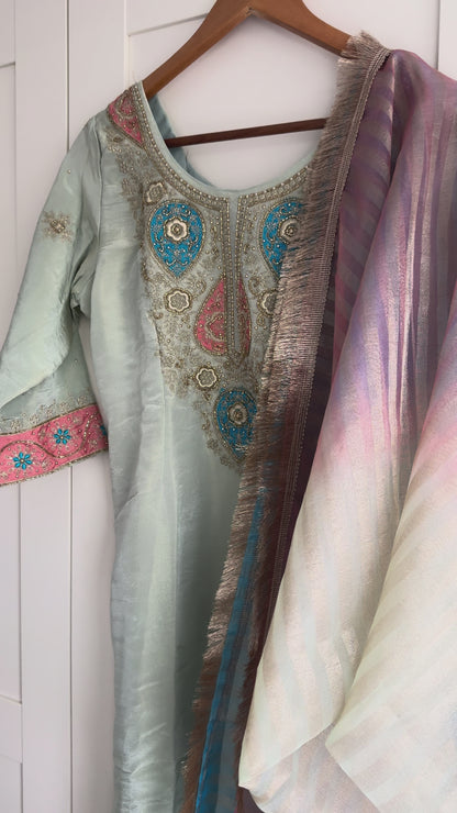 Blue Embroidered Pent Suit with Multicoloured Dupatta