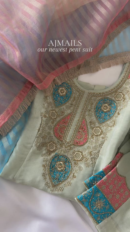 Blue Embroidered Pent Suit with Multicoloured Dupatta