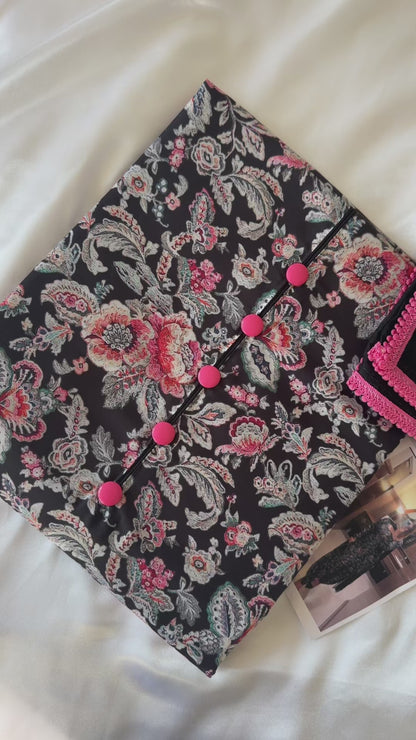 Masleen Cotton Unstitched Suit - Black and Pink Floral