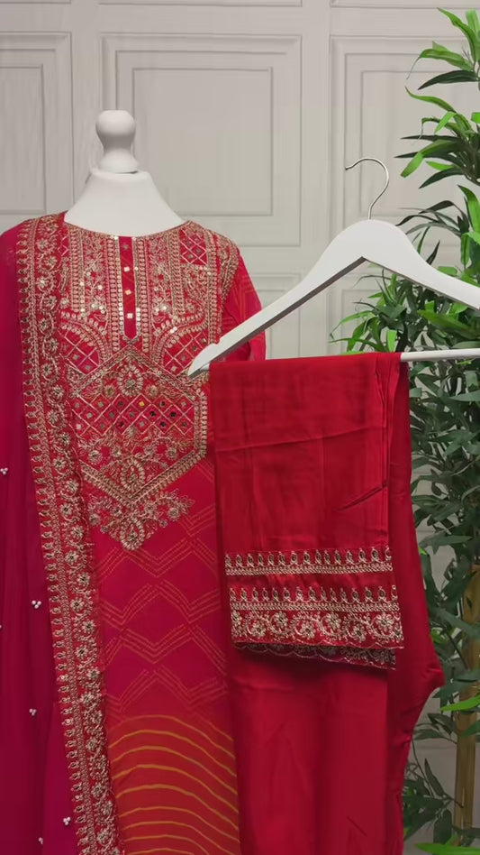 Red Embroidered Pent Suit
